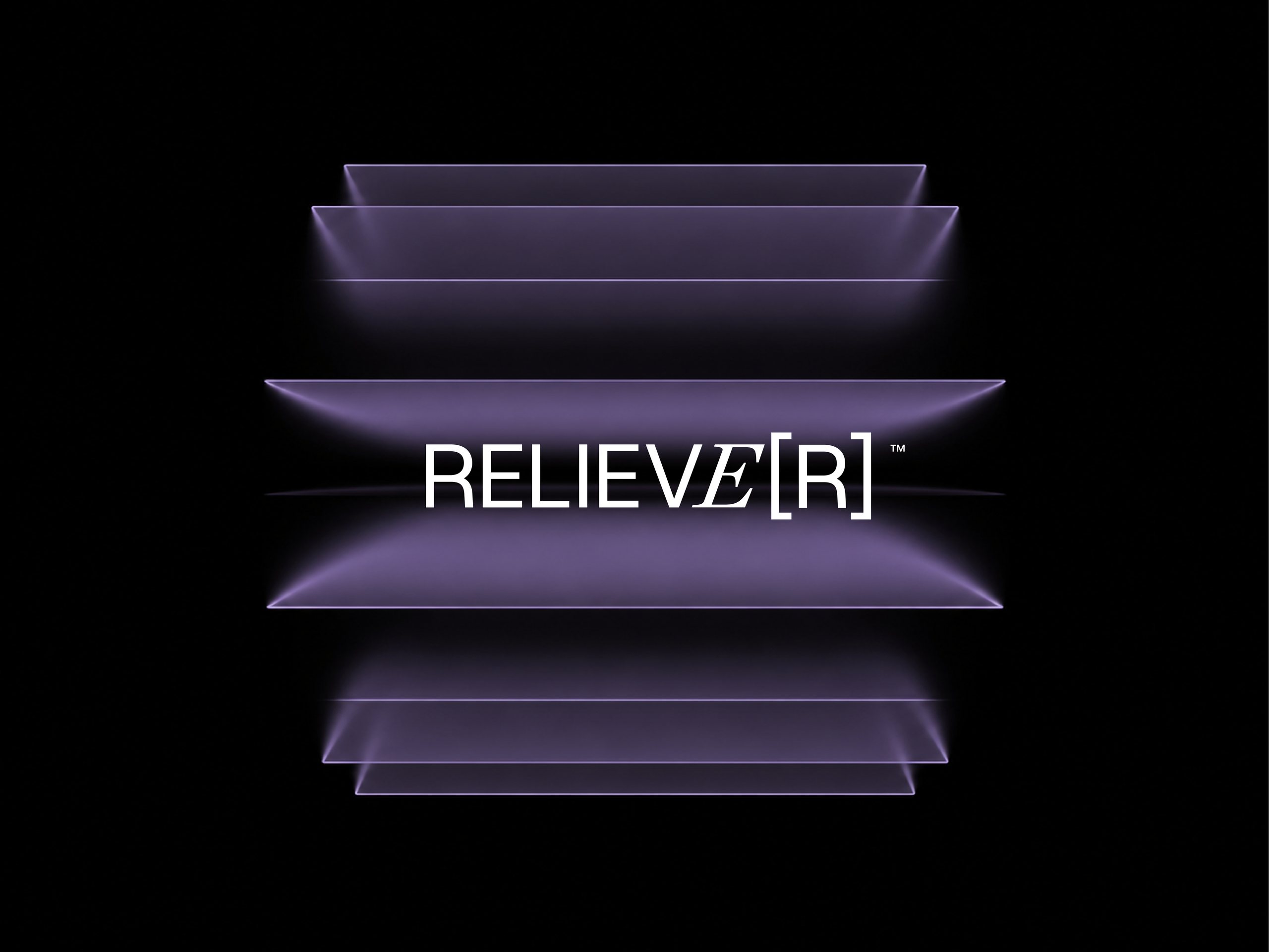 The white RELIEVE[R] wordmark on translucent purple panels stacked over black